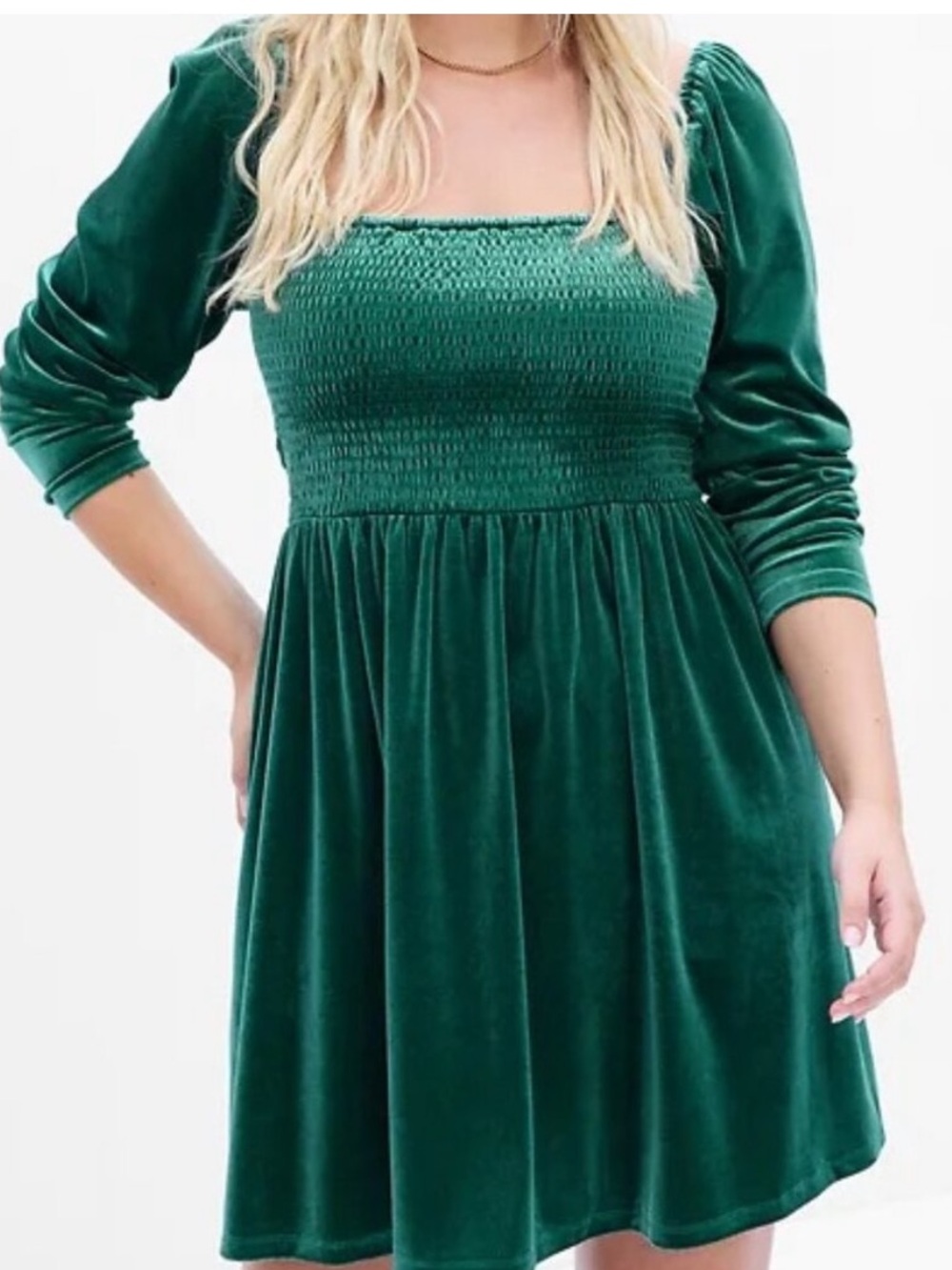 Gap Women's Pine Green Velvet Smocked Square Neck Mini Dress Large Puff Sleeves